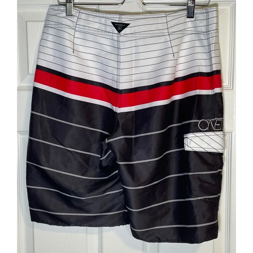 O'Neill Mens Board Shorts Black‎ White Red Striped Surf Trunks Size 31 RN85773